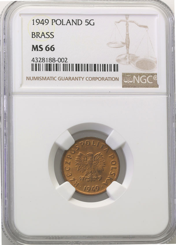 PRL. 5 groszy 1949 brąz NGC MS66 (MAX)